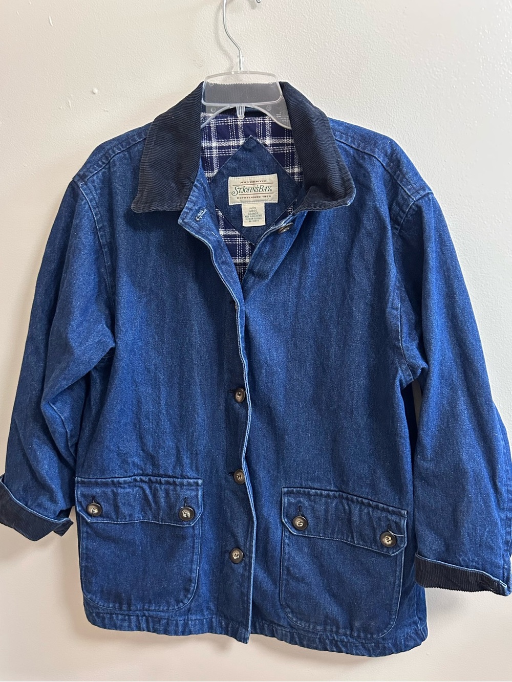 VTG St. John's Bay Denim Barn Jacket Plaid Lined Chore Coat Corduroy Contrast LP